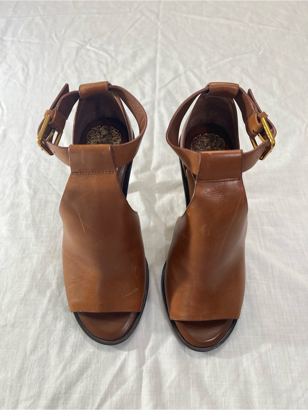 Vince Camuto Cognac Brown Leather Peep Toe Ankle Strap Heels 6M